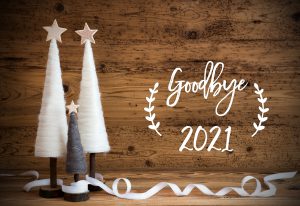 White Christmas Tree, Wooden Background, Text Goodbye 2021 Goodbye 2021